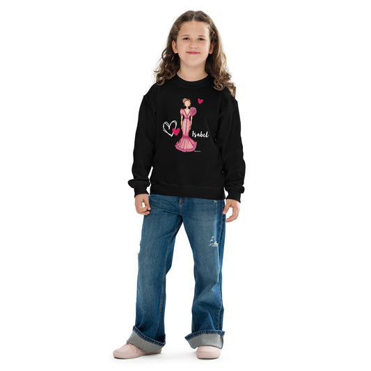 a little girl wearing a black sweatshirt with a pink princess on it