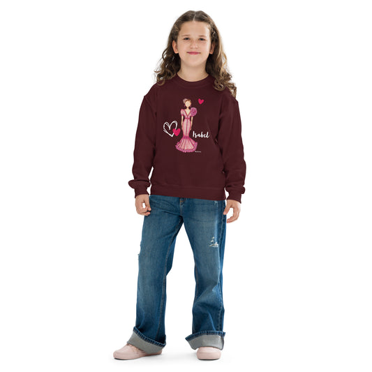 a little girl wearing a red sweatshirt with a princess on it
