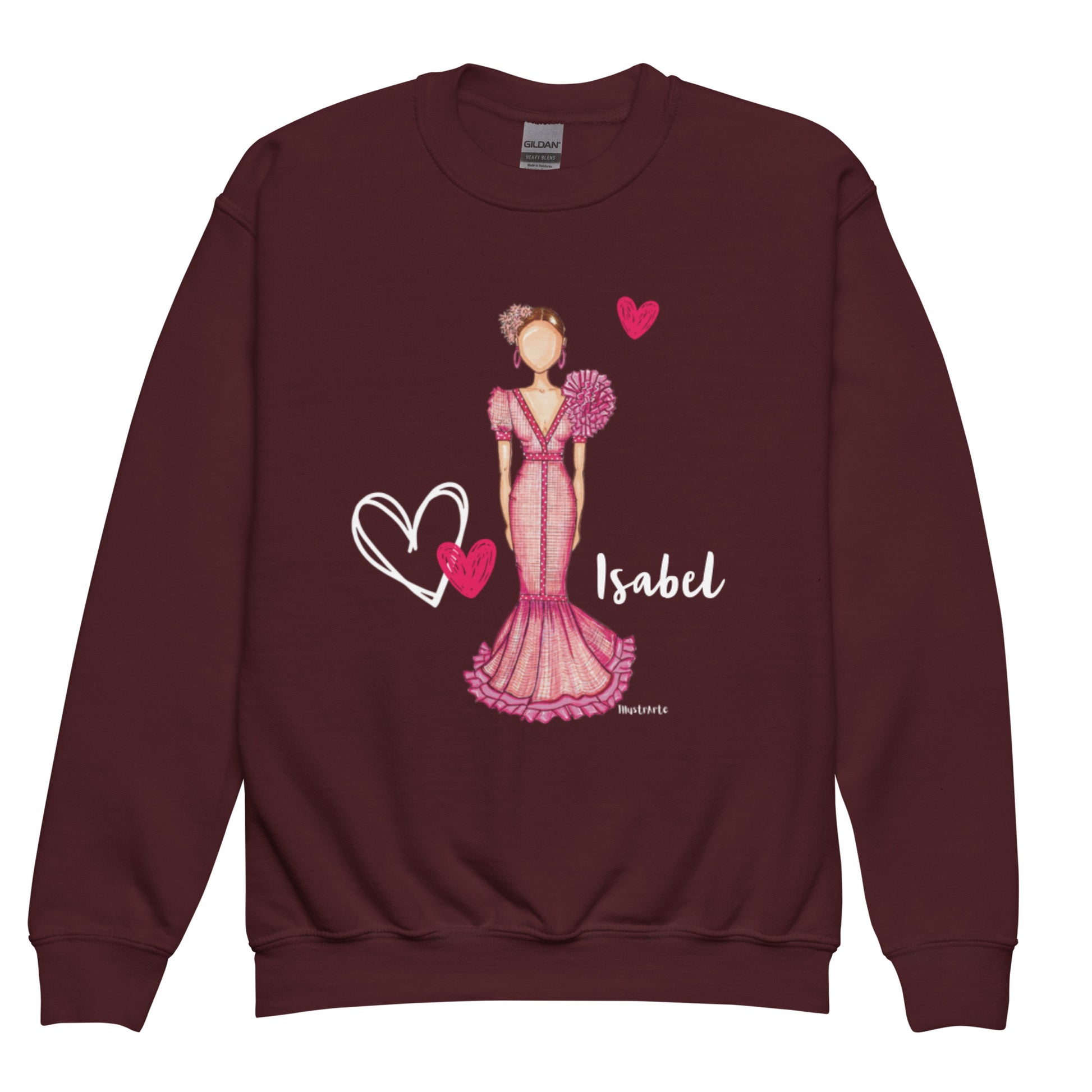 a sweater with a woman in a pink dress and hearts