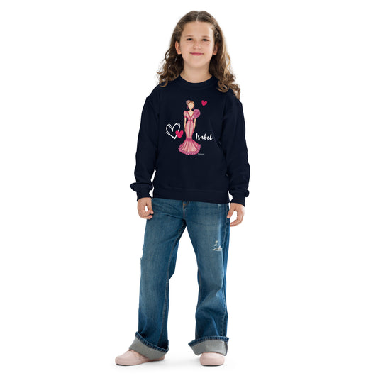 a little girl wearing a black sweatshirt with a pink princess on it