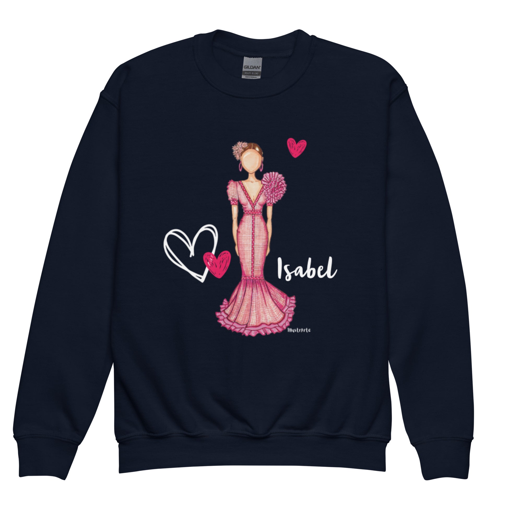 a sweatshirt with a woman in a pink dress and hearts