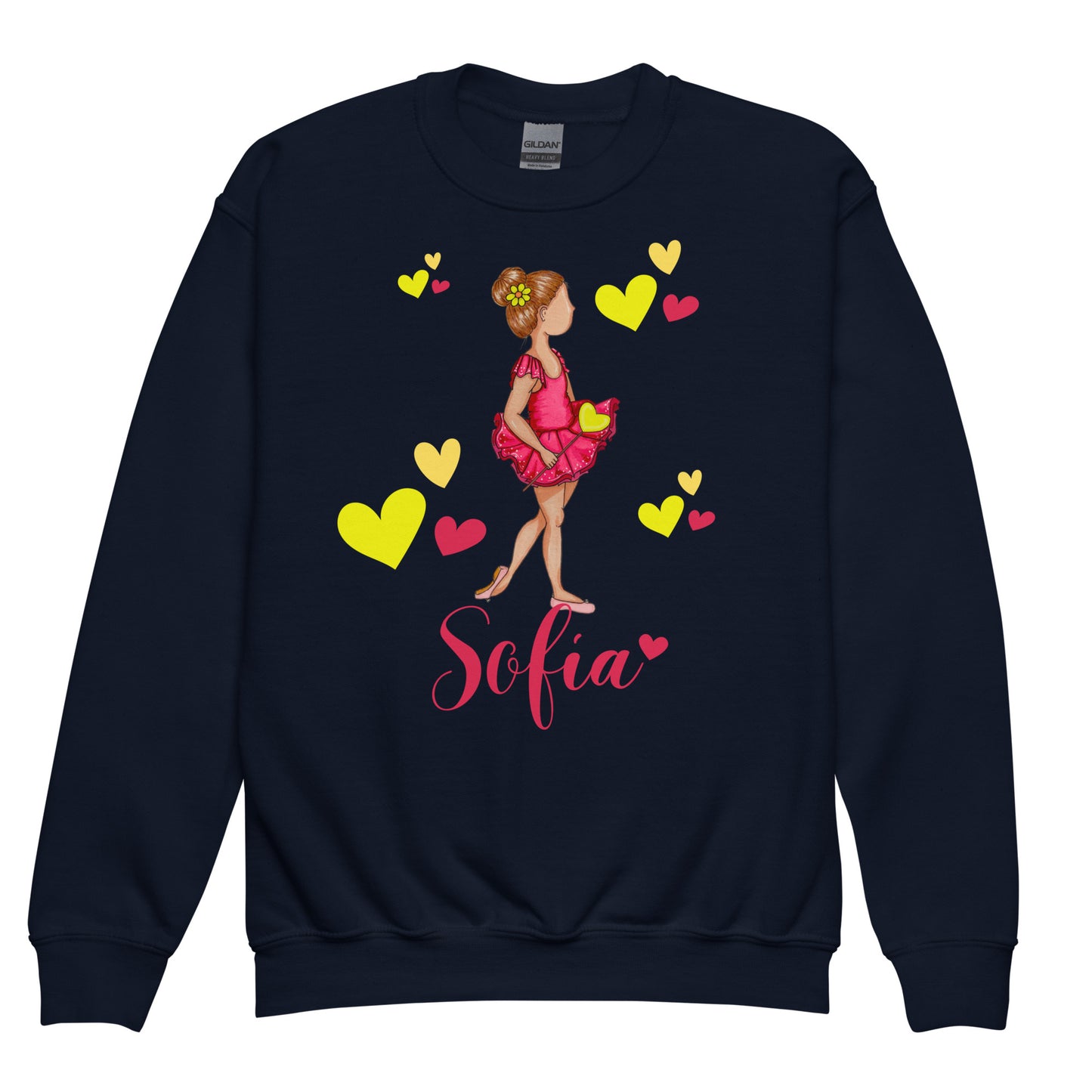 a sweatshirt with a girl in a pink dress and hearts