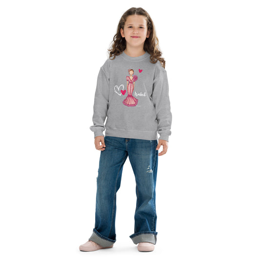 a little girl wearing a princess sweatshirt and jeans