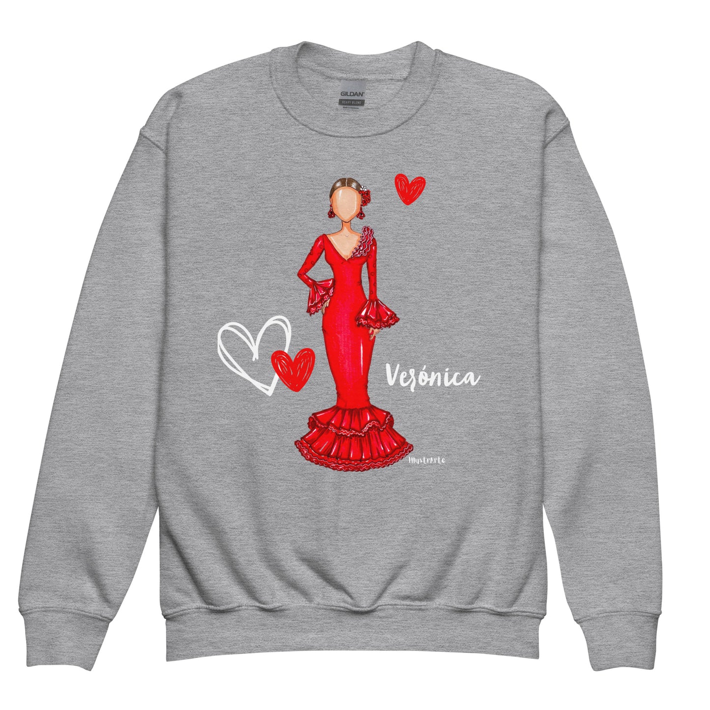 a sweater with a woman in a red dress
