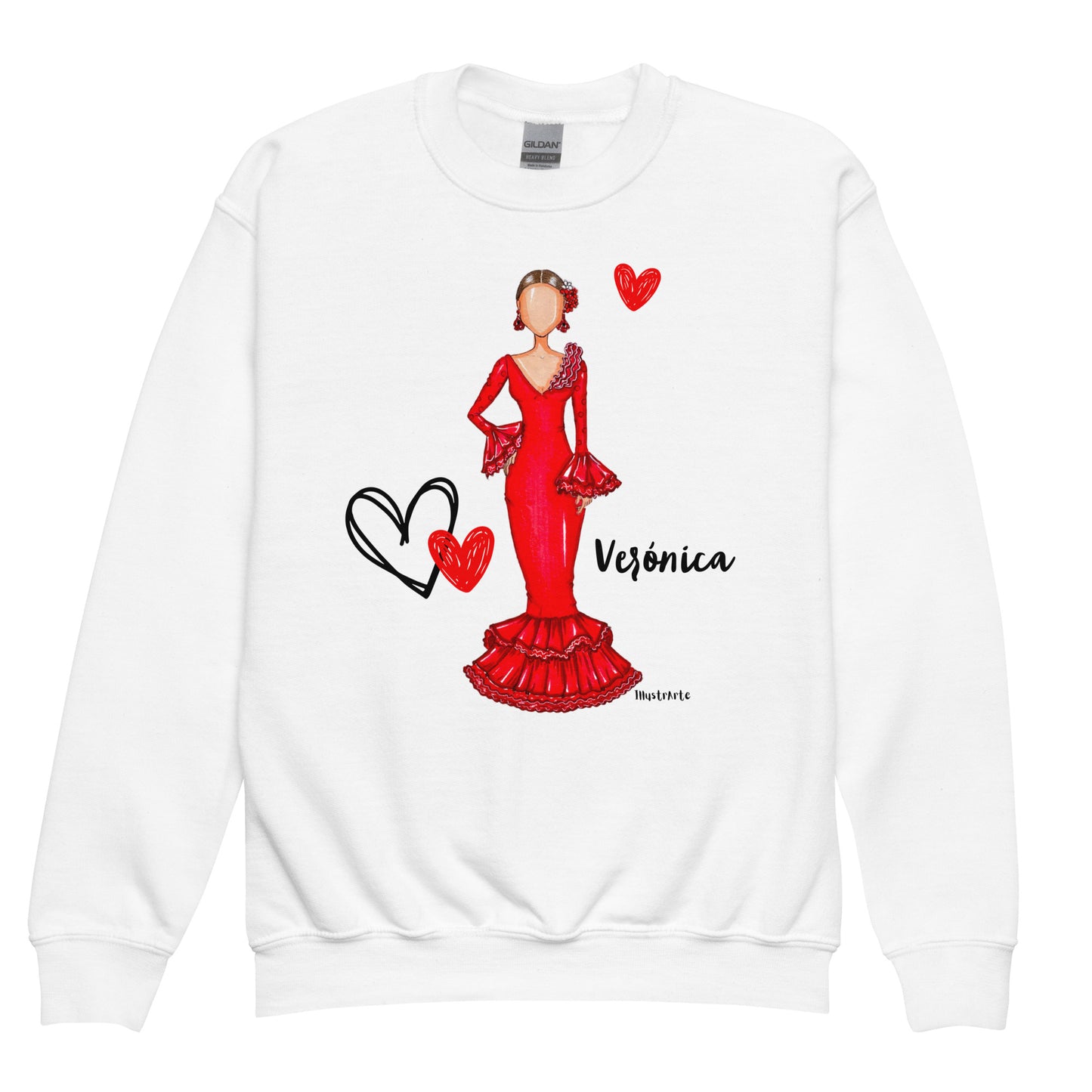 a white sweater with a picture of a woman in a red dress