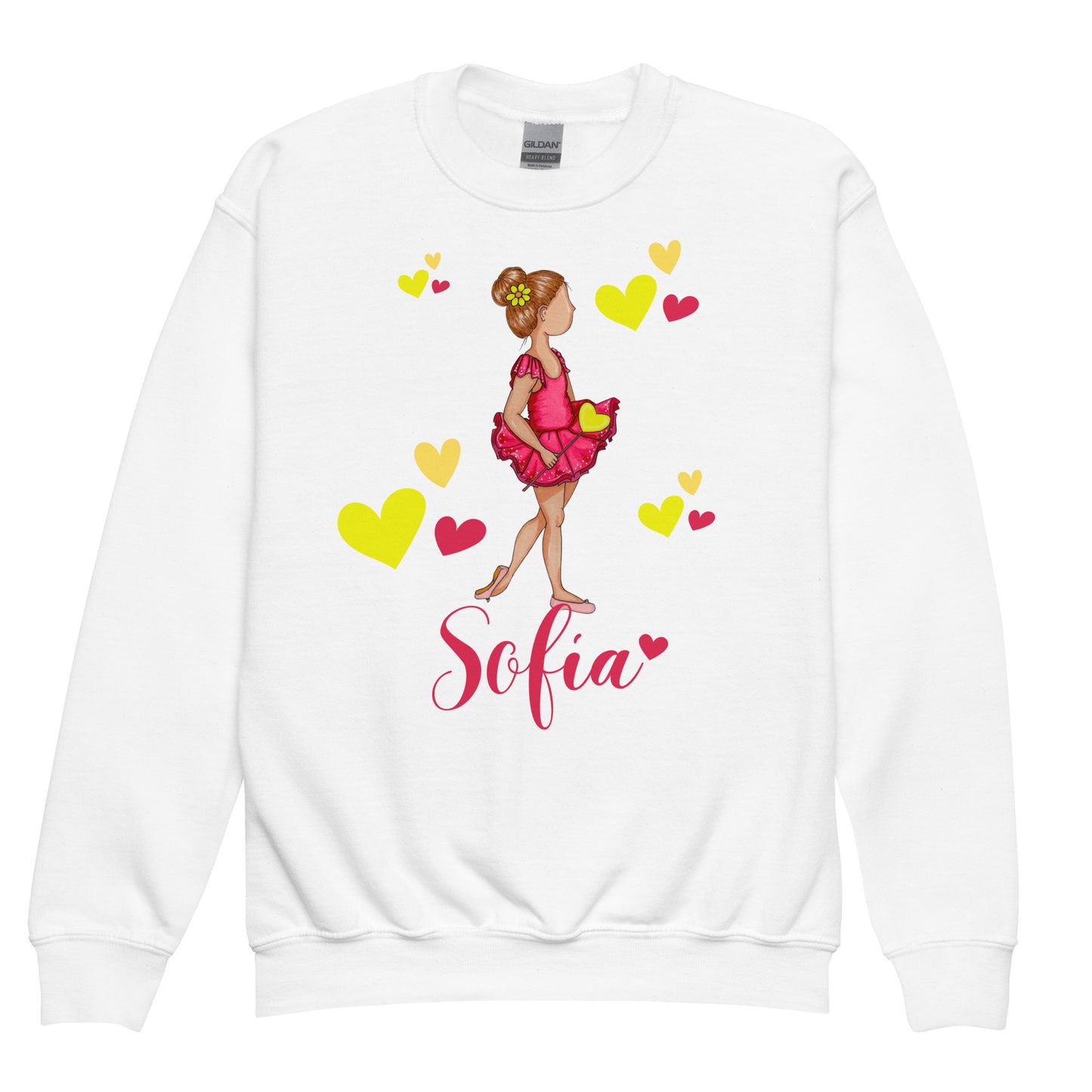 a white sweatshirt with a girl in a pink dress and hearts